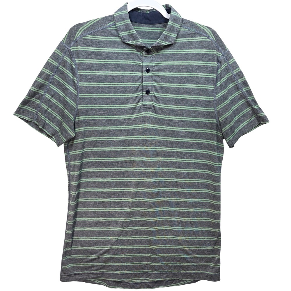 Lululemon Propel Polo Shirt Mens M Gray Green Stripe Luxtreme Golf Performance
